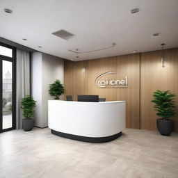 A revised version of the 100sqm travel agency reception area, now optimized to comfortably accommodate 5 persons in the reception, featuring efficient layout and convenient workspace.