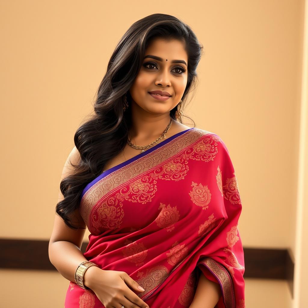 A voluptuous Indian woman in an elegant saree, featuring intricate designs and vibrant colors, showcasing her figure