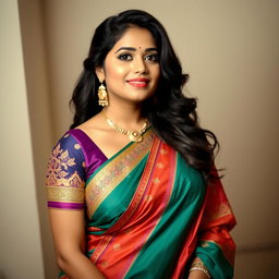 A voluptuous Indian woman in an elegant saree, featuring intricate designs and vibrant colors, showcasing her figure
