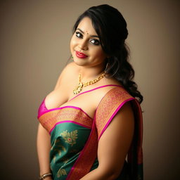 A voluptuous Indian woman in an elegant saree, featuring intricate designs and vibrant colors, showcasing her figure