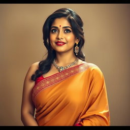 A voluptuous Indian woman in an elegant saree, featuring intricate designs and vibrant colors, showcasing her figure