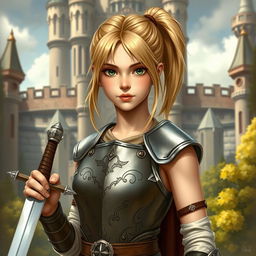 An intricate depiction of a young human female paladin, showcasing her shoulder-length blond hair styled in a practical ponytail