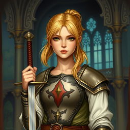 An intricate depiction of a young human female paladin, showcasing her shoulder-length blond hair styled in a practical ponytail