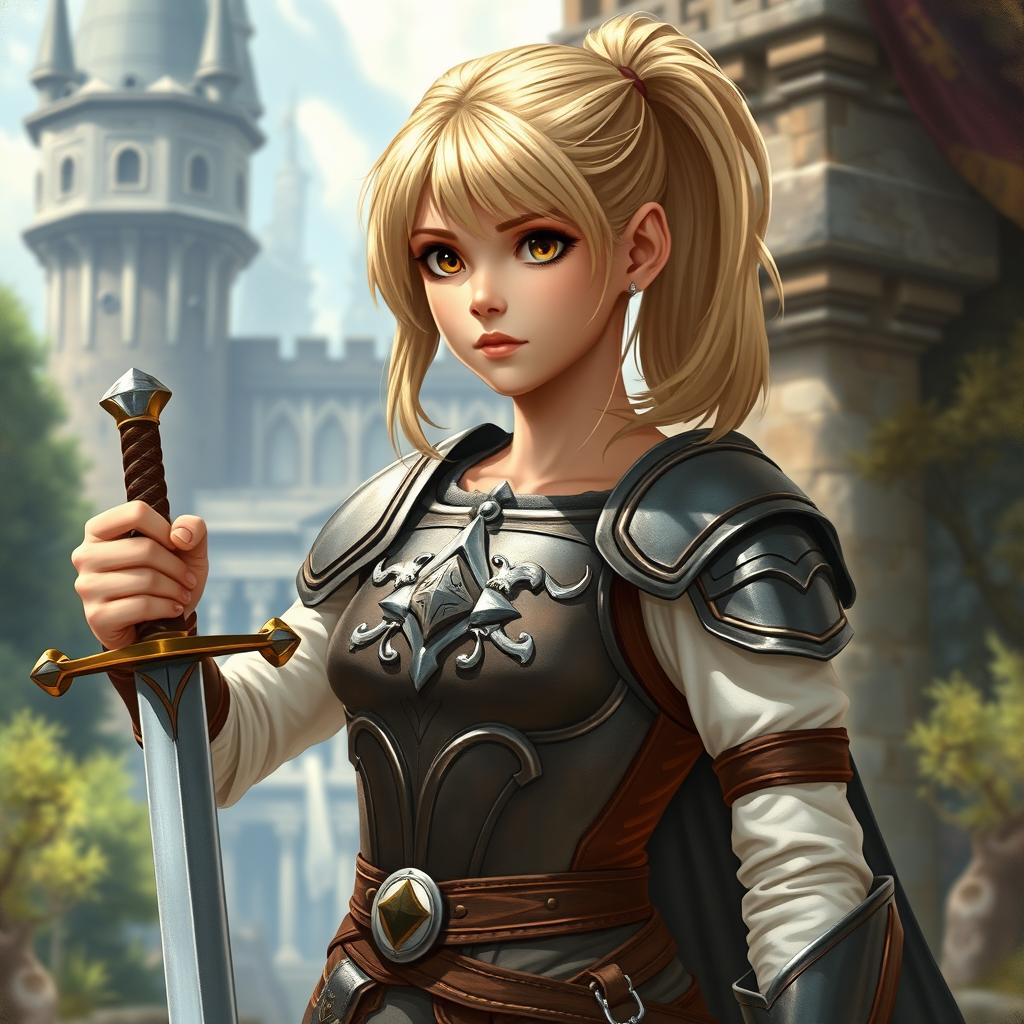 An intricate depiction of a young human female paladin, showcasing her shoulder-length blond hair styled in a practical ponytail
