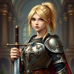 An intricate depiction of a young human female paladin, showcasing her shoulder-length blond hair styled in a practical ponytail