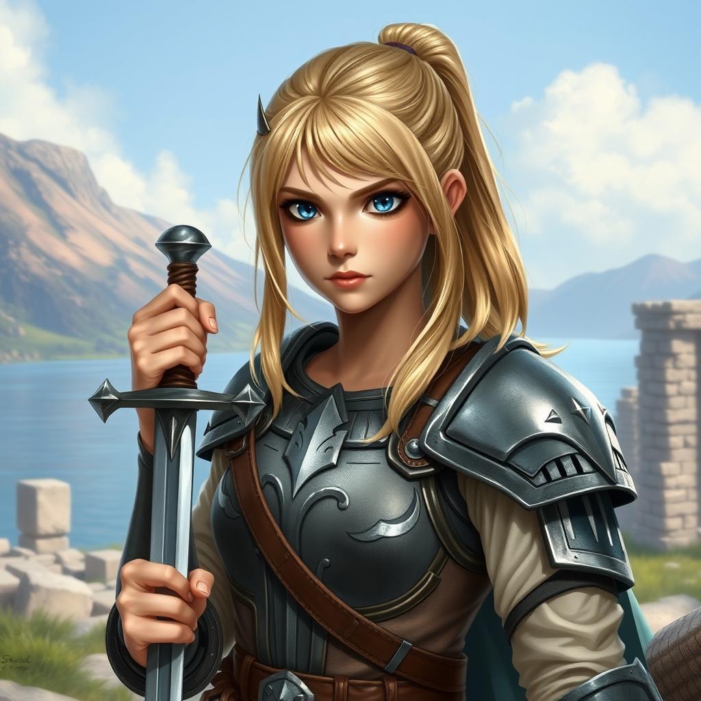 An intricate portrayal of a young human female paladin, featuring her shoulder-length blond hair styled in a practical ponytail, and striking blue eyes that reflect her unwavering determination