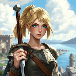 An intricate portrayal of a young human female paladin, featuring her shoulder-length blond hair styled in a practical ponytail, and striking blue eyes that reflect her unwavering determination