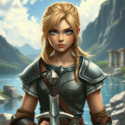 An intricate portrayal of a young human female paladin, featuring her shoulder-length blond hair styled in a practical ponytail, and striking blue eyes that reflect her unwavering determination