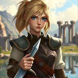 An intricate portrayal of a young human female paladin, featuring her shoulder-length blond hair styled in a practical ponytail, and striking blue eyes that reflect her unwavering determination