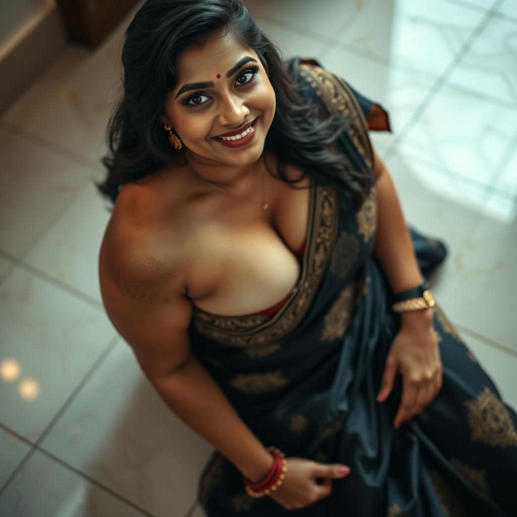 A voluptuous Indian woman in an elegant saree, featuring intricate patterns and rich colors, sitting gracefully on a tiled floor