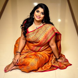 A voluptuous Indian woman in an elegant saree, featuring intricate patterns and rich colors, sitting gracefully on a tiled floor