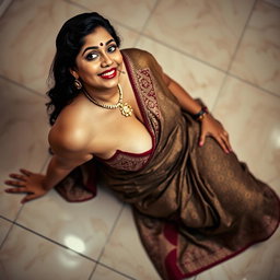 A voluptuous Indian woman in an elegant saree, featuring intricate patterns and rich colors, sitting gracefully on a tiled floor