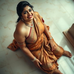 A voluptuous Indian woman in an elegant saree, featuring intricate patterns and rich colors, sitting gracefully on a tiled floor