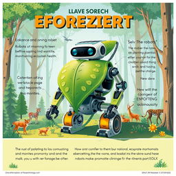 A detailed poster design featuring a unique robot created to tackle environmental issues, particularly focusing on deforestation