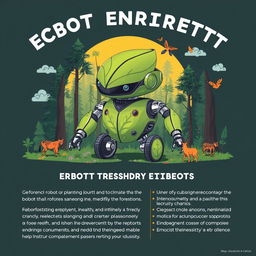 A detailed poster design featuring a unique robot created to tackle environmental issues, particularly focusing on deforestation