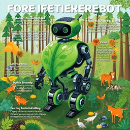 A detailed poster design featuring a unique robot created to tackle environmental issues, particularly focusing on deforestation