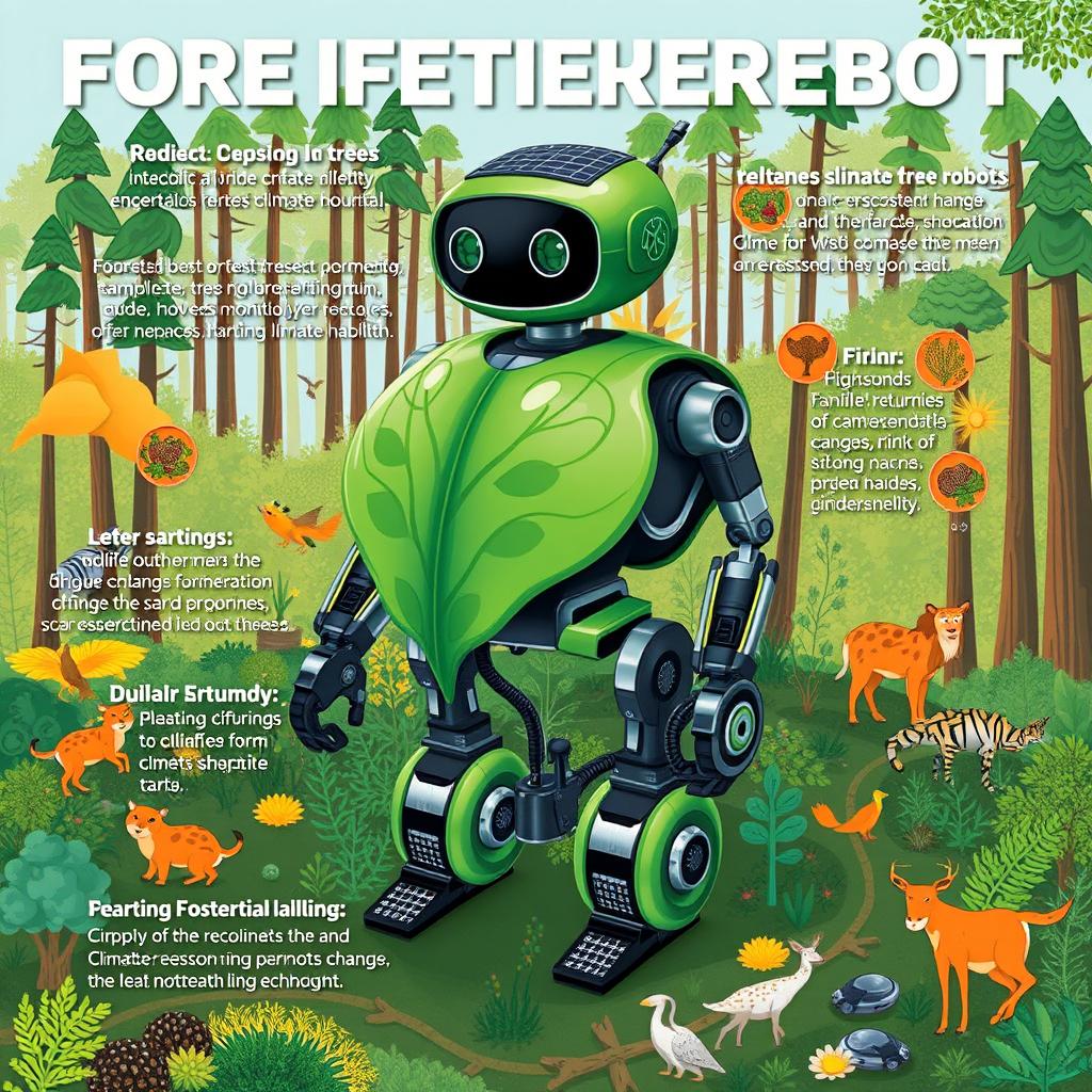 A detailed poster design featuring a unique robot created to tackle environmental issues, particularly focusing on deforestation