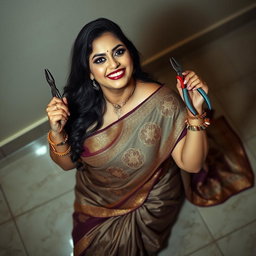 A voluptuous Indian woman with fair skin, wearing a stunning saree adorned with intricate designs, sitting on a glossy tiled floor