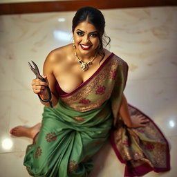 A voluptuous Indian woman with fair skin, wearing a stunning saree adorned with intricate designs, sitting on a glossy tiled floor