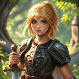 An intricate representation of a young human female paladin, her shoulder-length blond hair tied back into a practical ponytail