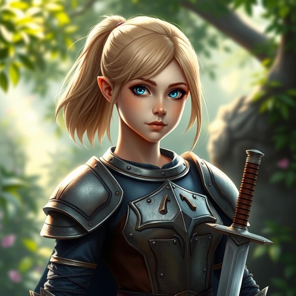 An intricate representation of a young human female paladin, her shoulder-length blond hair tied back into a practical ponytail