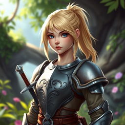 An intricate representation of a young human female paladin, her shoulder-length blond hair tied back into a practical ponytail