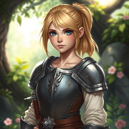 An intricate representation of a young human female paladin, her shoulder-length blond hair tied back into a practical ponytail