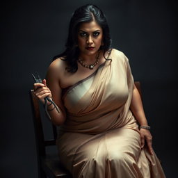 A voluptuous, chubby Indian woman with fair skin is portrayed with an angry yet beautiful expression