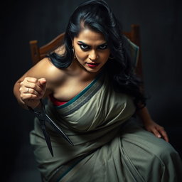 A voluptuous, chubby Indian woman with fair skin is portrayed with an angry yet beautiful expression