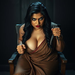 A voluptuous, chubby Indian woman with fair skin is portrayed with an angry yet beautiful expression
