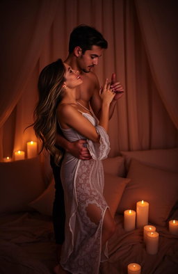 A passionate couple embracing in a dimly lit room, with soft glowing candles surrounding them, creating an intimate and romantic atmosphere