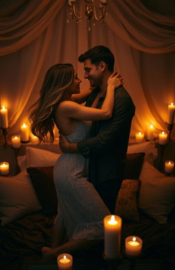 A passionate couple embracing in a dimly lit room, with soft glowing candles surrounding them, creating an intimate and romantic atmosphere