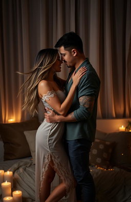 A passionate couple embracing in a dimly lit room, with soft glowing candles surrounding them, creating an intimate and romantic atmosphere