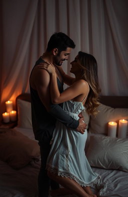 A passionate couple embracing in a dimly lit room, with soft glowing candles surrounding them, creating an intimate and romantic atmosphere