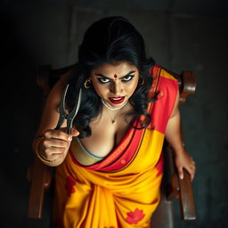 A voluptuous, chubby Indian woman with fair skin, exuding a powerful presence, is depicted with an angry yet beautiful expression