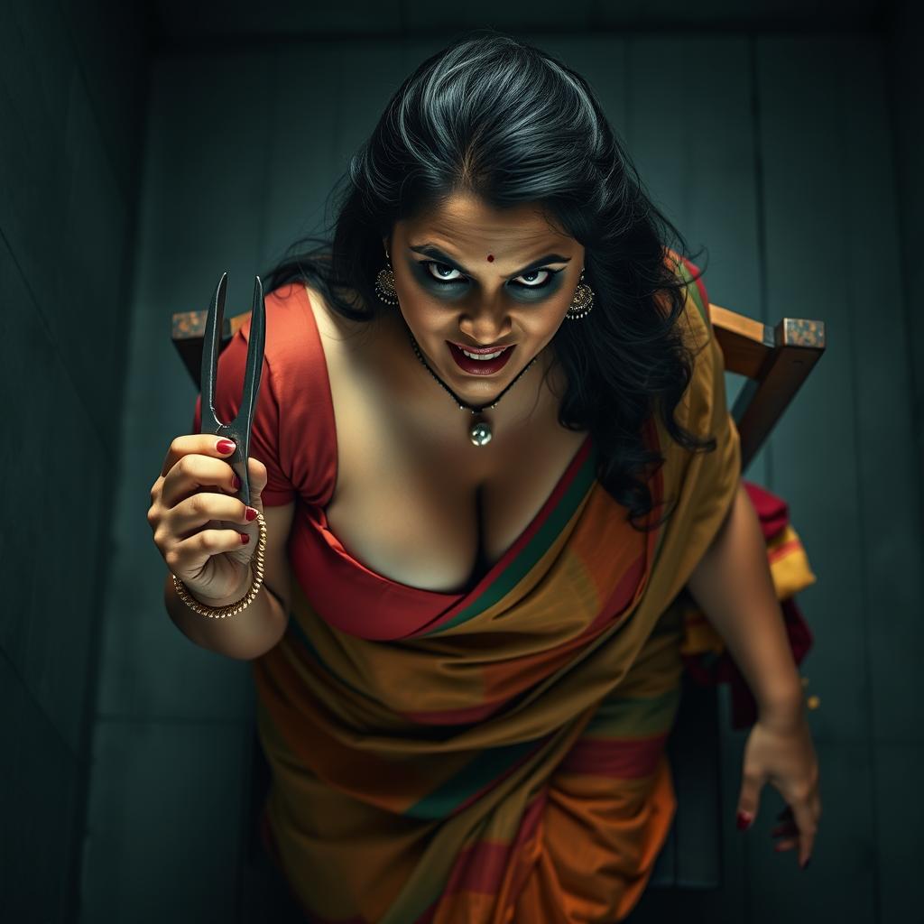 A voluptuous, chubby Indian woman with fair skin, exuding a powerful presence, is depicted with an angry yet beautiful expression