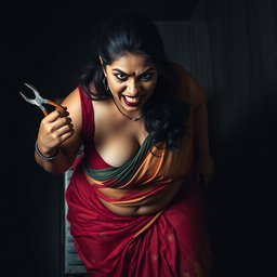 A voluptuous, chubby Indian woman with fair skin, exuding a powerful presence, is depicted with an angry yet beautiful expression