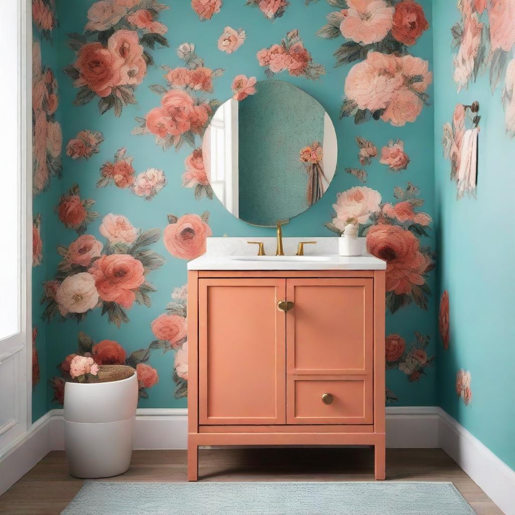 A bathroom vanity mounted on a wall, set against a backdrop of turquoise and dark salmon floral print wallpaper. A vase with assorted flowers sits on the vanity.