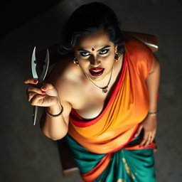A voluptuous, chubby Indian woman with fair skin, exuding a powerful presence, is depicted with an angry yet beautiful expression