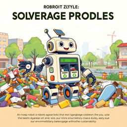 An illustration of a creative robot designed to solve garbage problems, showcasing various features and tools it uses to clean up the environment