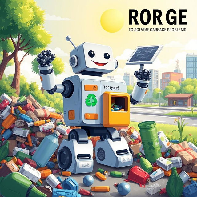 An illustration of a creative robot designed to solve garbage problems, showcasing various features and tools it uses to clean up the environment