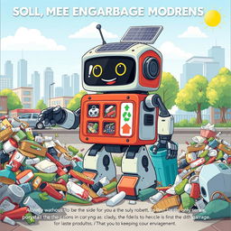 An illustration of a creative robot designed to solve garbage problems, showcasing various features and tools it uses to clean up the environment