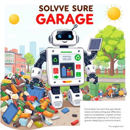 An illustration of a creative robot designed to solve garbage problems, showcasing various features and tools it uses to clean up the environment