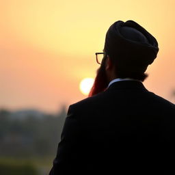 A back view of a distinguished male figure, showcasing a man with a distinctive turban and beard, symbolizing leadership and strength, standing firmly with a dramatic sunset in the background