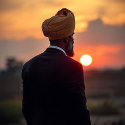 A back view of a distinguished male figure, showcasing a man with a distinctive turban and beard, symbolizing leadership and strength, standing firmly with a dramatic sunset in the background