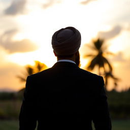 A back view of a distinguished male figure, showcasing a man with a distinctive turban and beard, symbolizing leadership and strength, standing firmly with a dramatic sunset in the background