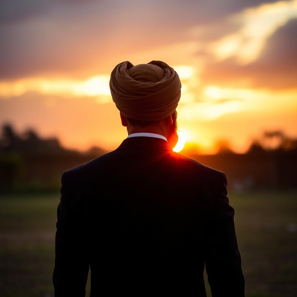 A back view of a distinguished male figure, showcasing a man with a distinctive turban and beard, symbolizing leadership and strength, standing firmly with a dramatic sunset in the background