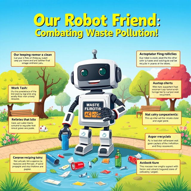 A colorful educational poster illustrating a friendly robot designed to help combat garbage pollution