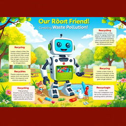 A colorful educational poster illustrating a friendly robot designed to help combat garbage pollution