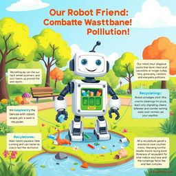 A colorful educational poster illustrating a friendly robot designed to help combat garbage pollution